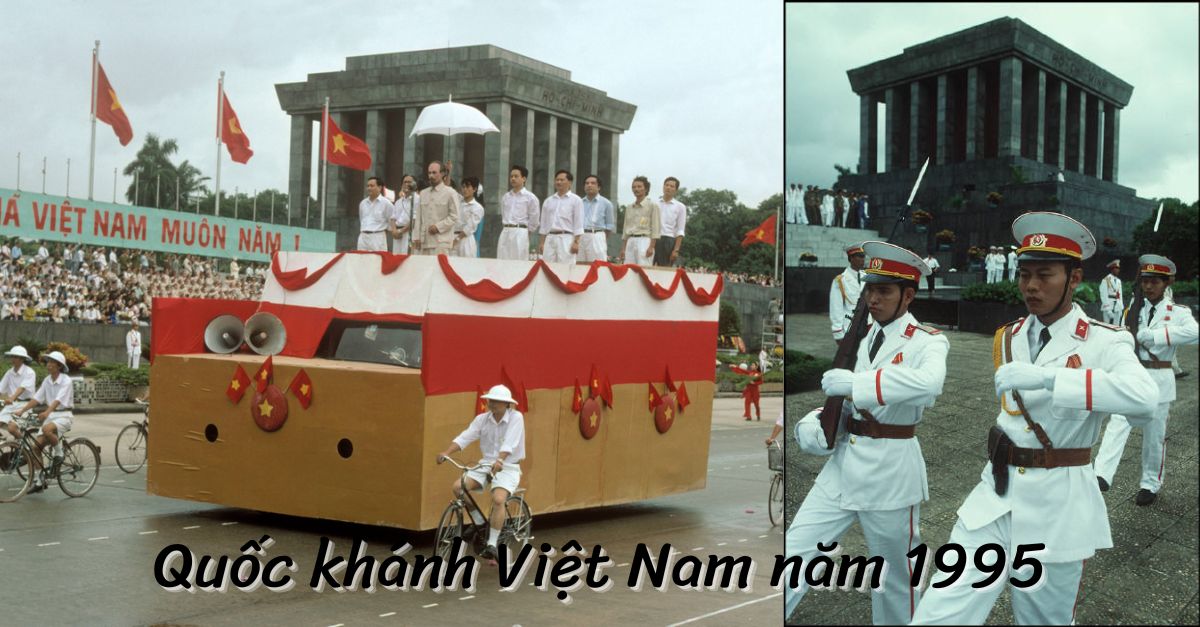 Loạt ảnh kinh điển về ngày Quốc khánh Việt Nam năm 1995: Phụ nữ mặc áo dài đỏ diễu hành, tái hiện lại cảnh Bác đọc tuyên ngôn